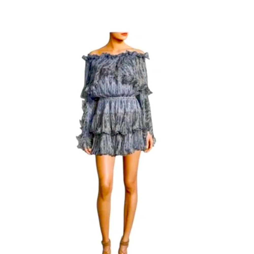 CAROLINE CONSTAS BLUE GRAY DAHLIA SILK CHIFFON MINI DRESS